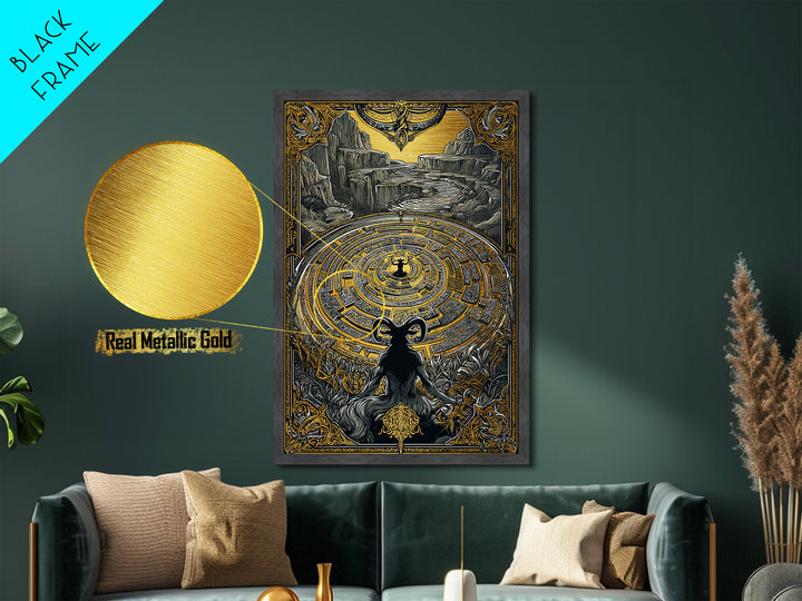 Labyrinth Minotaur Fantasy Scene Metallic Gold Metal Print with Real Wood Frame – Mythology Inspired Wall Art