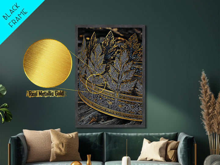 Laurel Leaf Crown Metallic Gold Art Print with Real Wood Frame – Regal Nature-Inspired Decorative Wall Piece