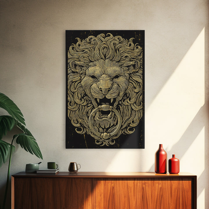 Vintage Lion Head Door Knocker Canvas Gold Canvas Print with Real Wood Frame – Bold Statement Wall Art