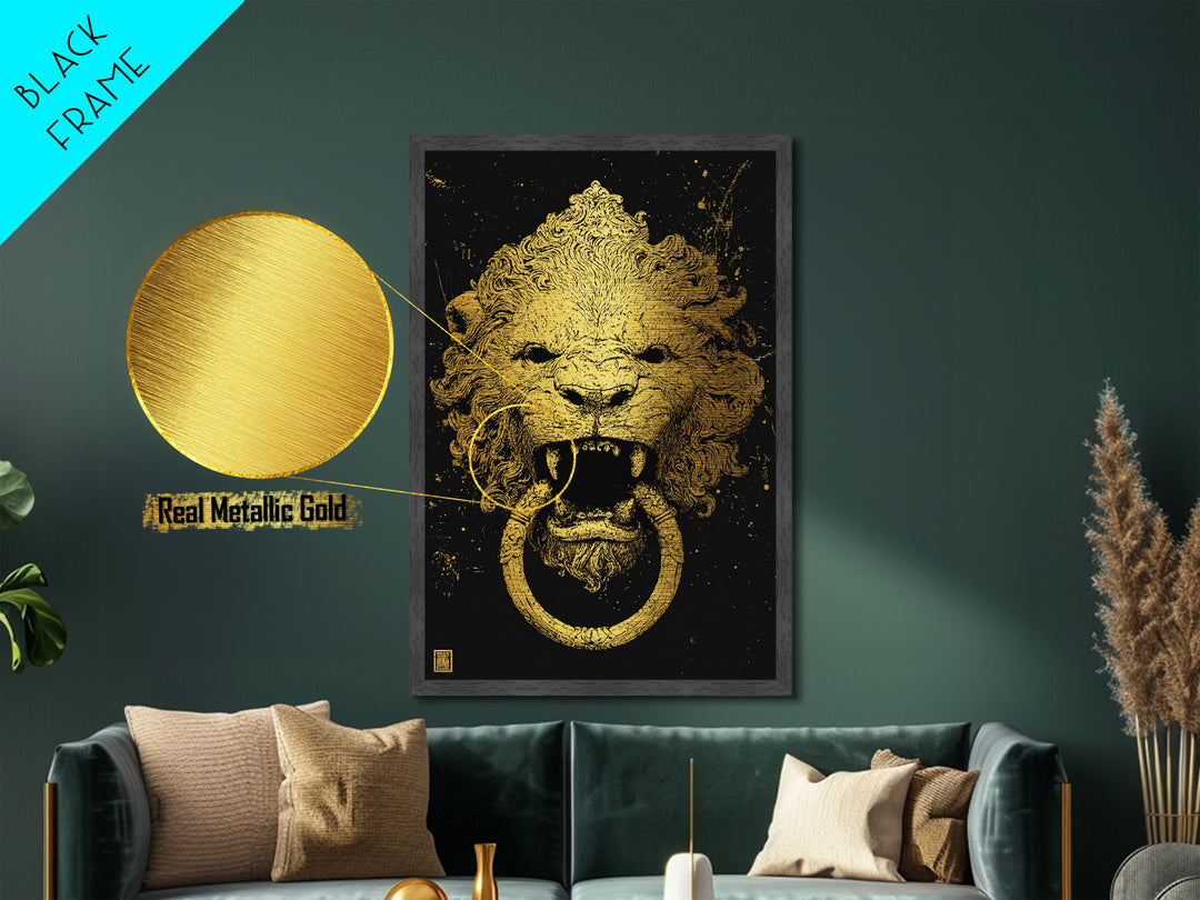 Aged Lion Door Knocker Metallic Gold Art Print with Real Wood Frame – Rustic Antique-Inspired Home Wall Art