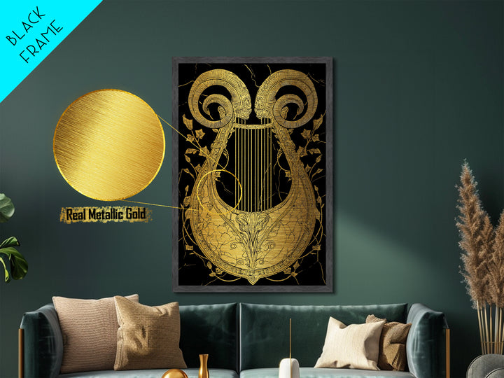 Ancient Ram Horn Lyre Metallic Gold Art Print with Real Wood Frame – Classical Mythology Inspired Wall Art