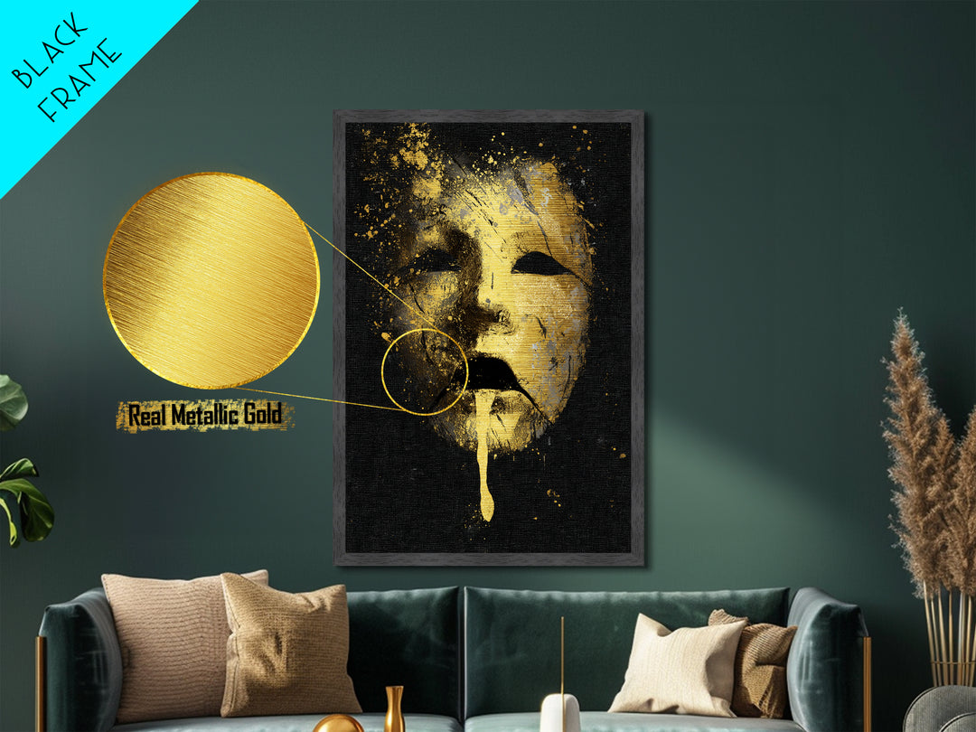 Abstract Gold-Drip Mask Metallic Gold Art Print with Real Wood Frame – Modern Surreal Face Wall Decor