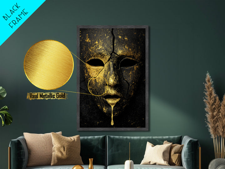 Cracked Gold Mask Metallic Gold Metal Print with Real Wood Frame – Dark Dramatic Statement Wall Art