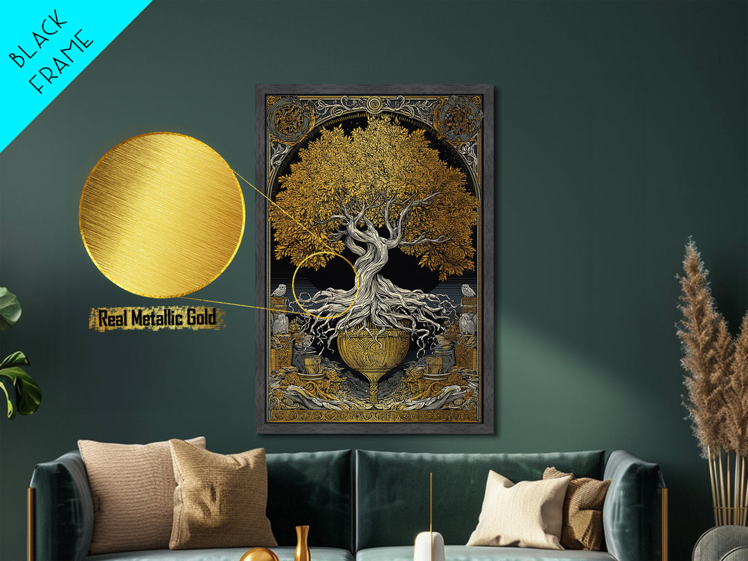 Yggdrasil’s Chalice – The Eternal Tree of Knowledge and Life, Metal Art, Metallic Gold Print, Metal Wall Art, Man Cave Decor
