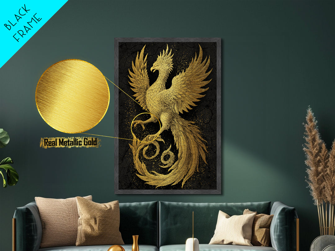 Golden Phoenix in Flight – A Herald of Renewal, Metal Art, Metallic Gold Print, Metal Wall Art, Man Cave Decor