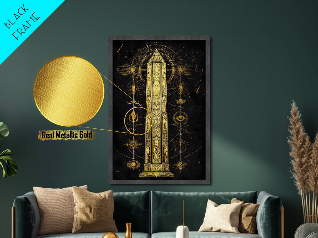 The Obelisk of Secrets – Symbols of the Eternal Order, Metal Art, Metallic Gold Print, Metal Wall Art, Man Cave Decor