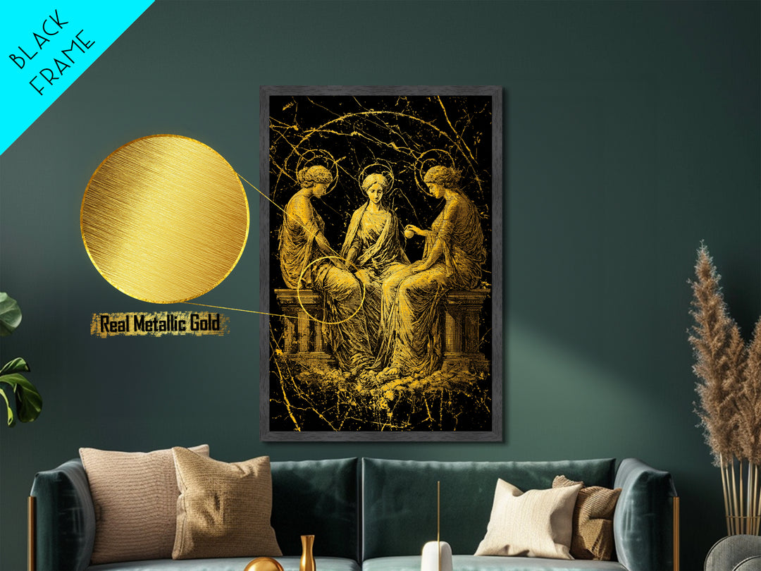 The Three Graces – Metallic Gold Metal Print – Greek Goddess Wall Art with Real Wood Frame for Elegant Classical Room Decor