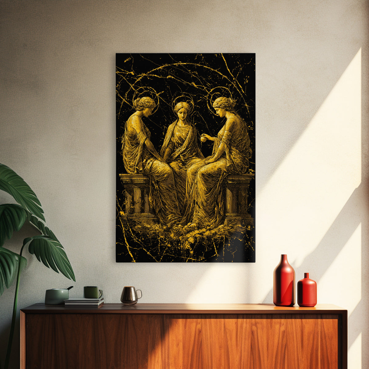 The Three Graces – Canvas Gold Canvas Print – Greek Goddess Wall Art with Real Wood Frame for Elegant Classical Room Decor