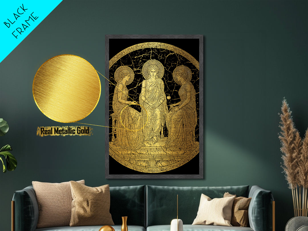 Golden Three Goddesses – Metallic Gold Metal Print – Classical Greek Wall Art with Real Wood Frame for Mythology Lovers