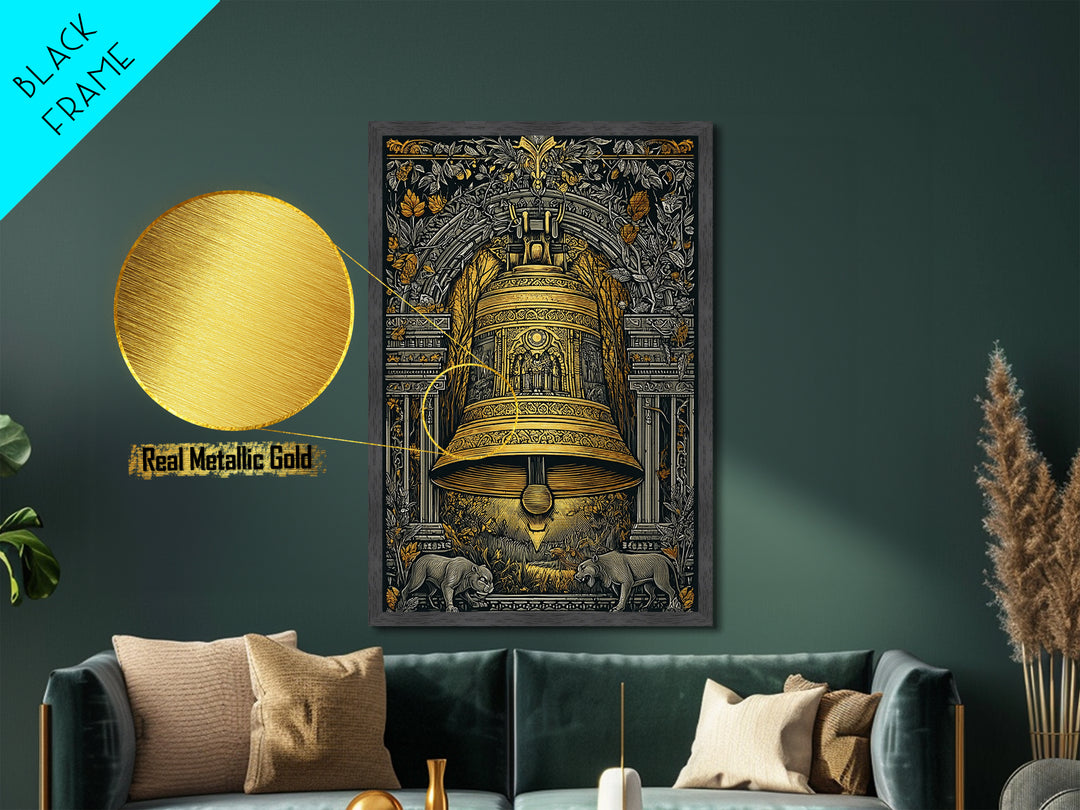 Ornate Golden Bell with Wolves – Metallic Gold Metal Print – Fantasy Architectural Wall Art with Real Wood Frame