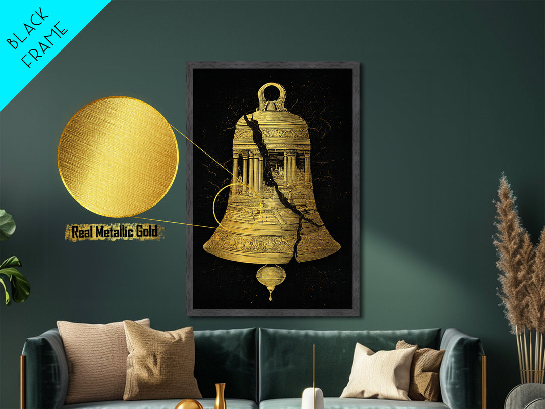 Cracked Temple Bell – Metallic Gold Metal Print – Ancient Ruins Wall Art with Real Wood Frame for History and Myth Lovers