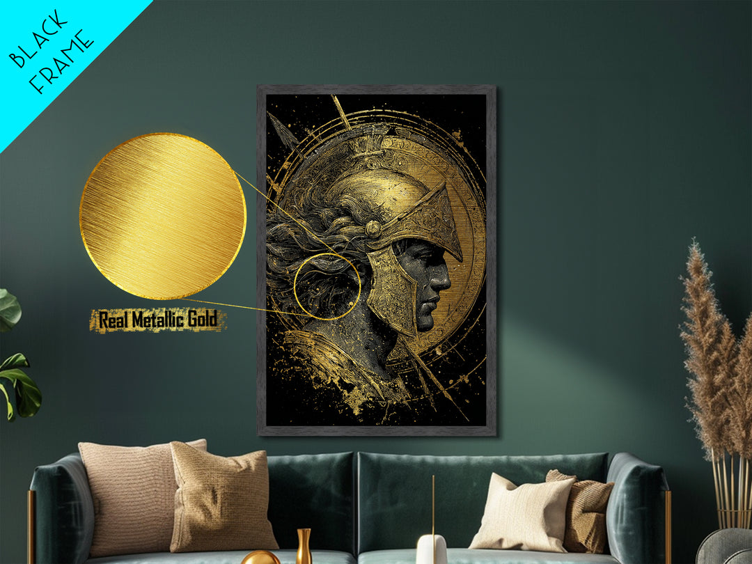 Greek Warrior Profile, Metallic Gold Metal Print, Ancient Mythology Wall Art, Real Wood Frame Decor, Luxury Hero Artwork