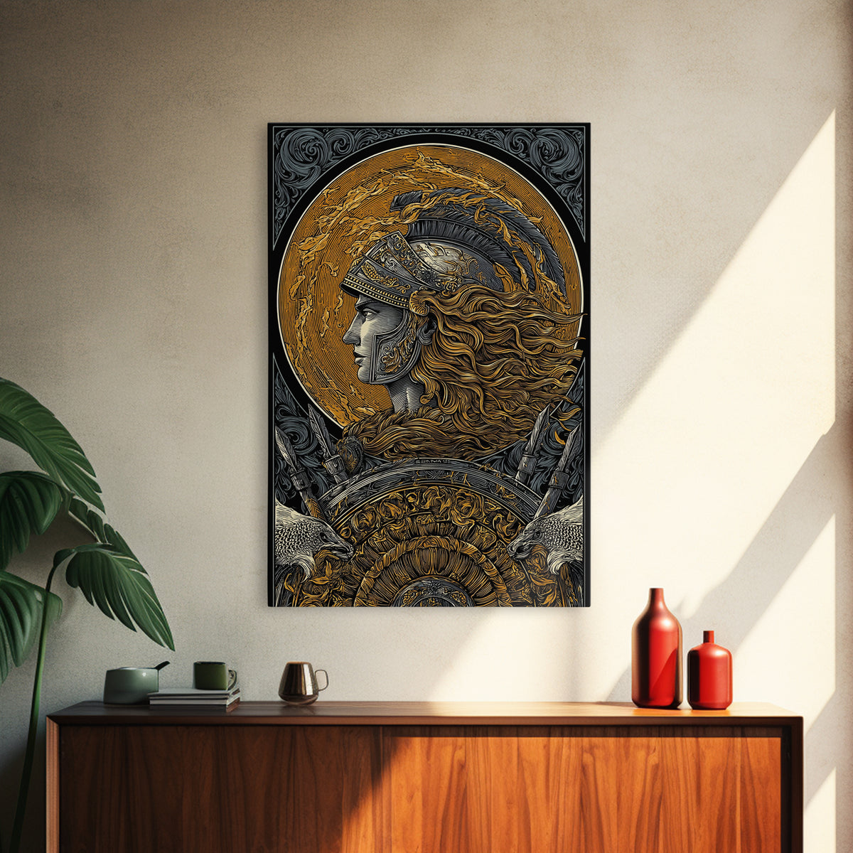 Athena Greek Goddess, Canvas Gold Art, Warrior Helmet Canvas Print, Real Wood Frame Decor, Ancient Mythology Wall Artwork