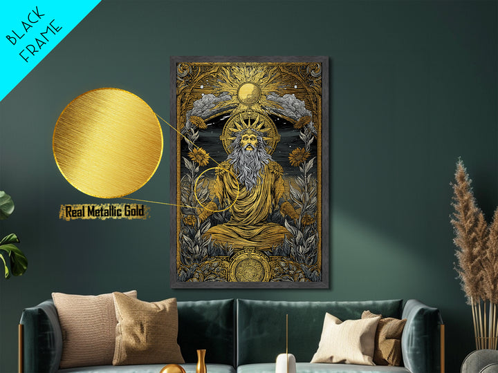 Greek Sun God Illustration, Metallic Gold Metal Print, Mythology Wall Art, Real Wood Frame Decor, Luxury Ancient Artwork