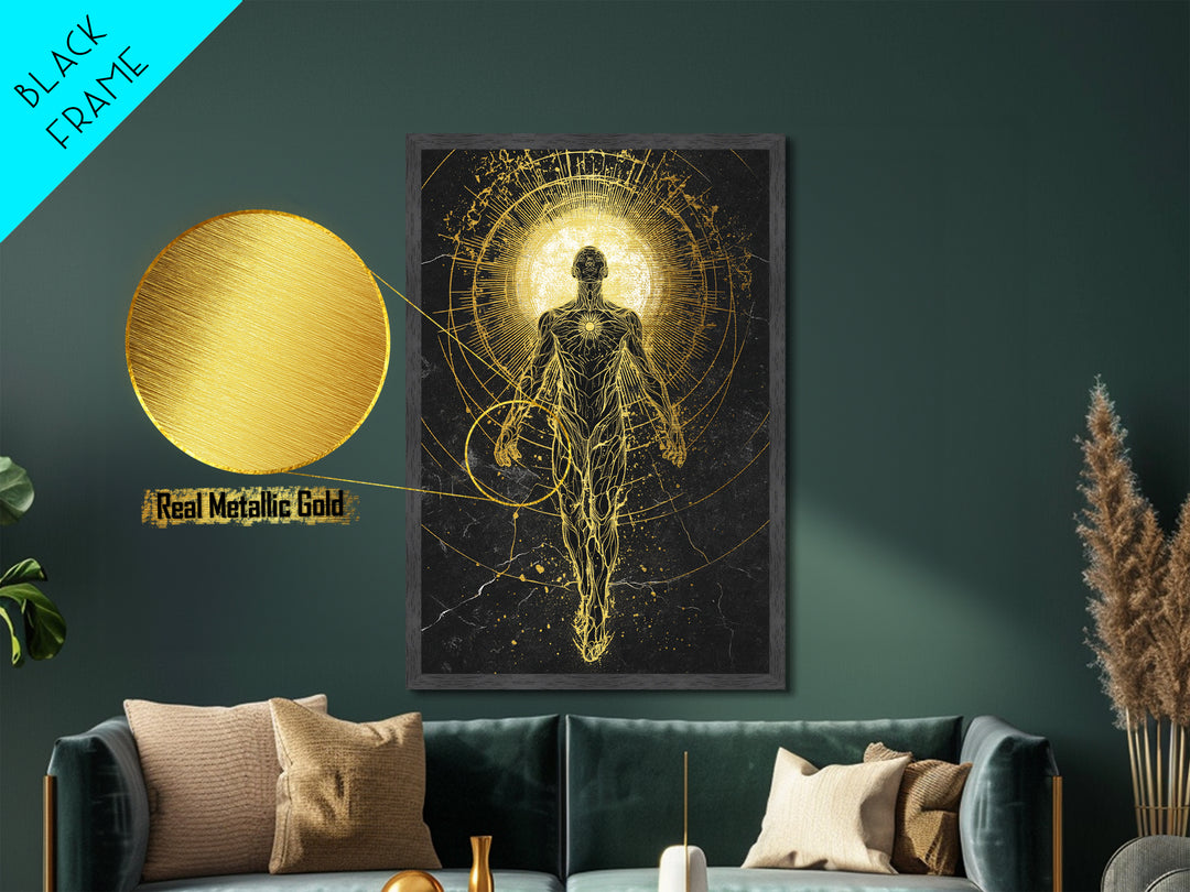 Divine Ascension Figure, Metallic Gold Art, Mythology Wall Print, Real Wood Frame Decor, Ancient Greek Inspired Metal Artwork