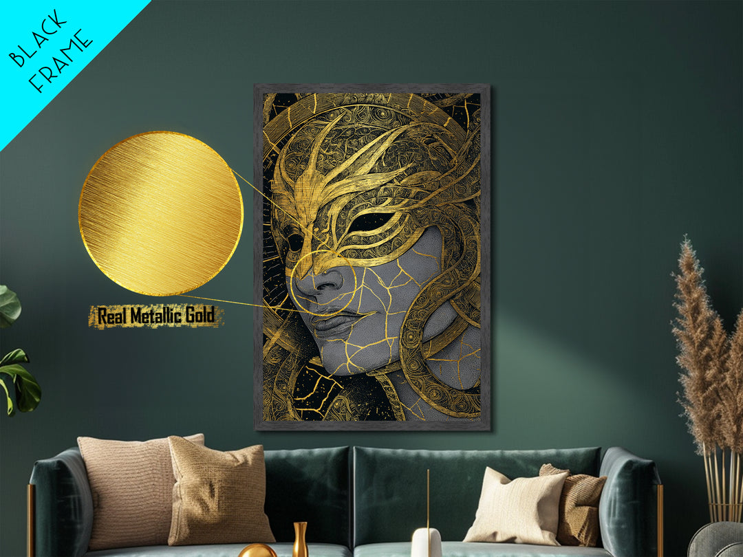 Ananke Mythological Metallic Gold Metal Print, Greek Goddess Of Inevitability Artwork, Real Wood Frame Wall Art Decoration