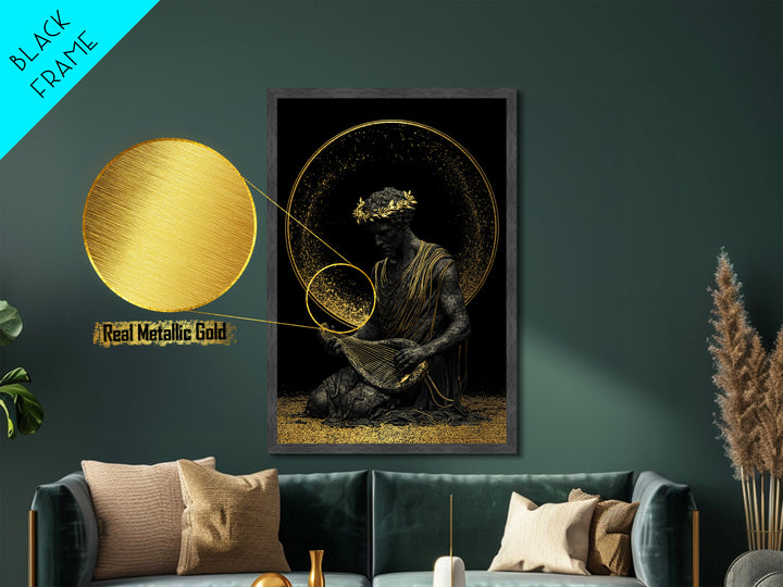 Apollo God Of Music Metallic Gold Metal Print, Greek Mythology Art With Lyre, Real Wood Framed Classical Decorative Wall Art