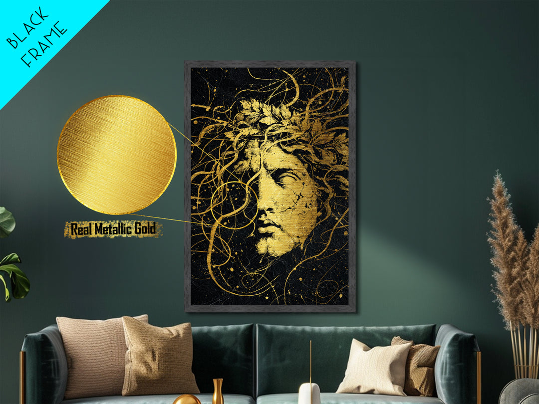 Apollo Greek Statue Metallic Gold Metal Print, Mythological Music And Light Inspired Art, Real Wood Framed Wall Decoration
