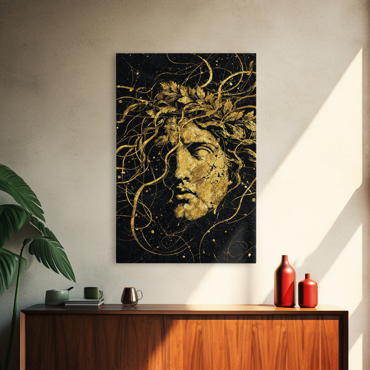 Apollo Greek Statue Canvas Gold Canvas Print, Mythological Music And Light Inspired Art, Real Wood Framed Wall Decoration