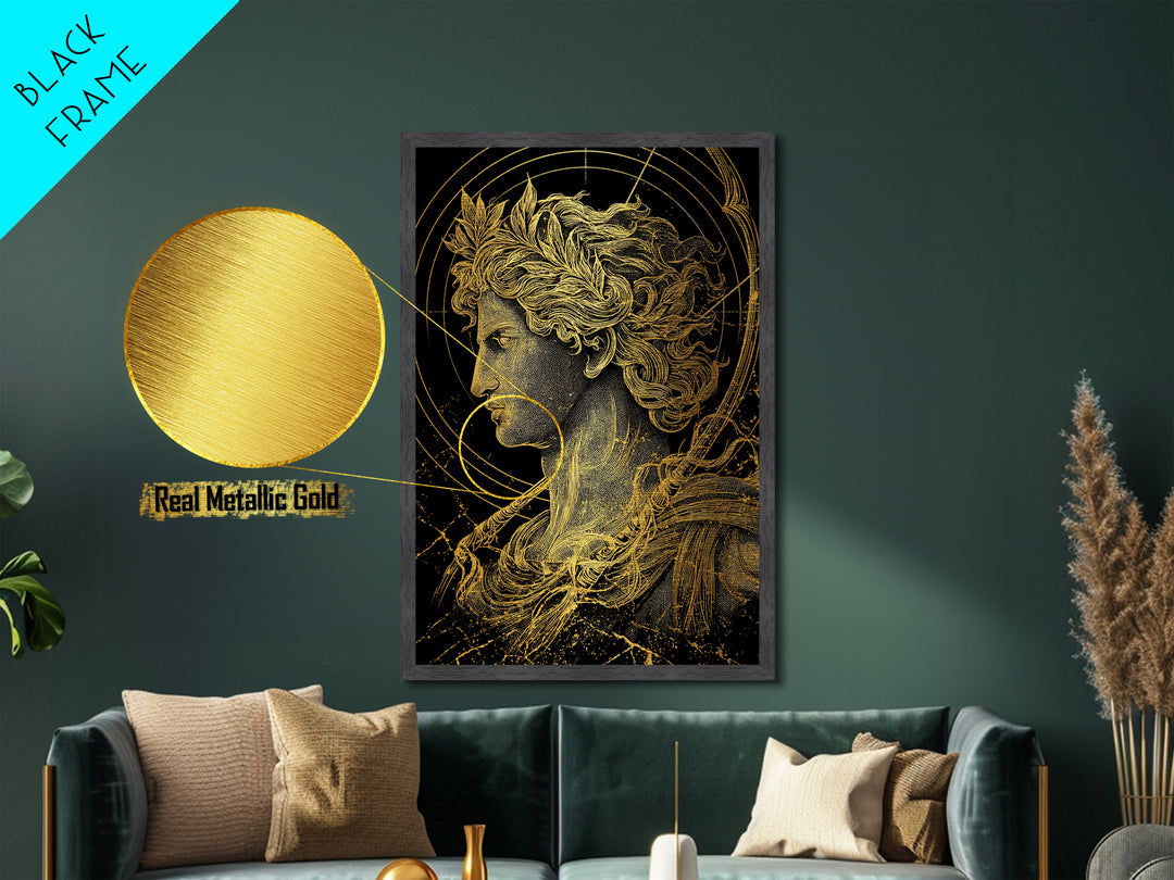 Apollo God Of Light Metallic Gold Metal Print, Classical Greek Mythology Artwork, Real Wood Frame Decorative Ancient Wall Art