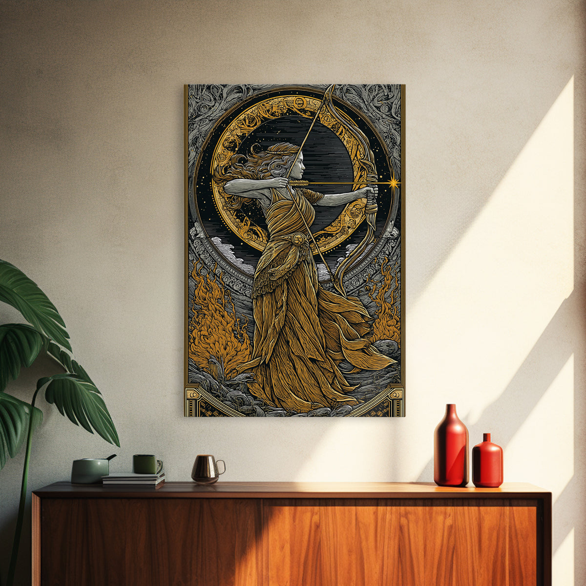 Artemis Greek Goddess Canvas Gold Canvas Print, Bow And Arrow Mythology Inspired Artwork, Real Wood Frame Decorative Wall Art