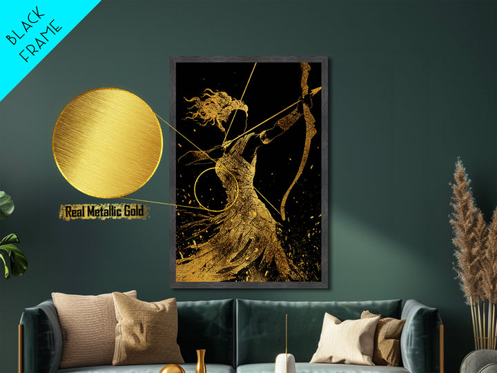 Artemis Archer Goddess Mythology, Metallic Gold Metal Print, Real Wood Frame, Greek Myth Wall Art, Celestial Home Decor
