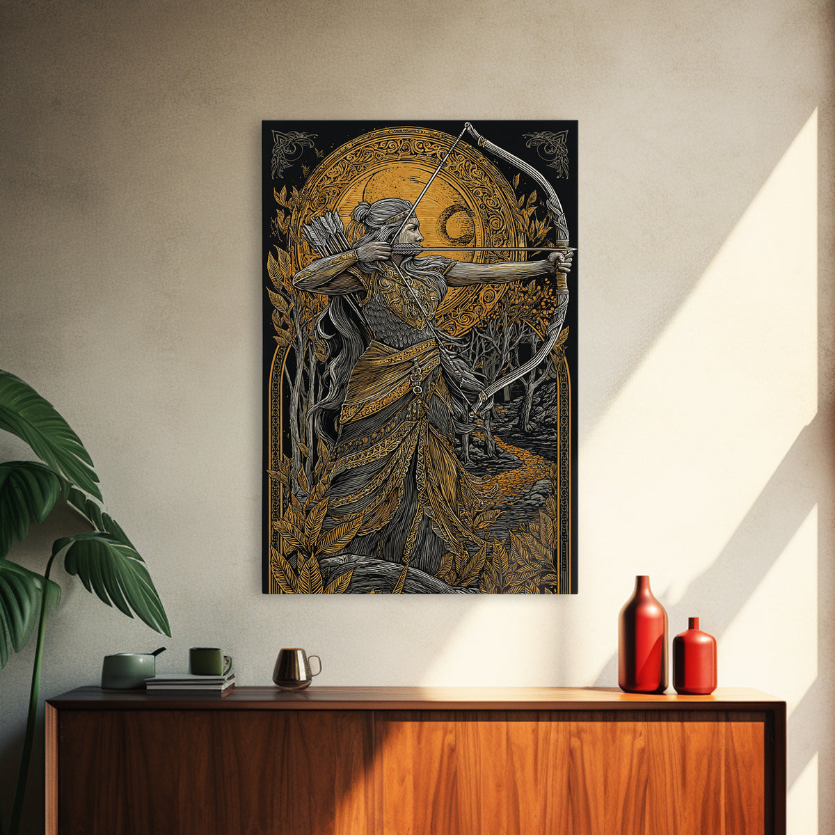Artemis Moonlit Huntress With Bow, Canvas Gold Art, Real Wood Framed Print, Greek Goddess Wall Decor, Mythology Artwork