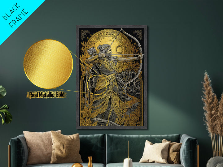 Artemis Moonlit Huntress With Bow, Metallic Gold Art, Real Wood Framed Print, Greek Goddess Wall Decor, Mythology Artwork