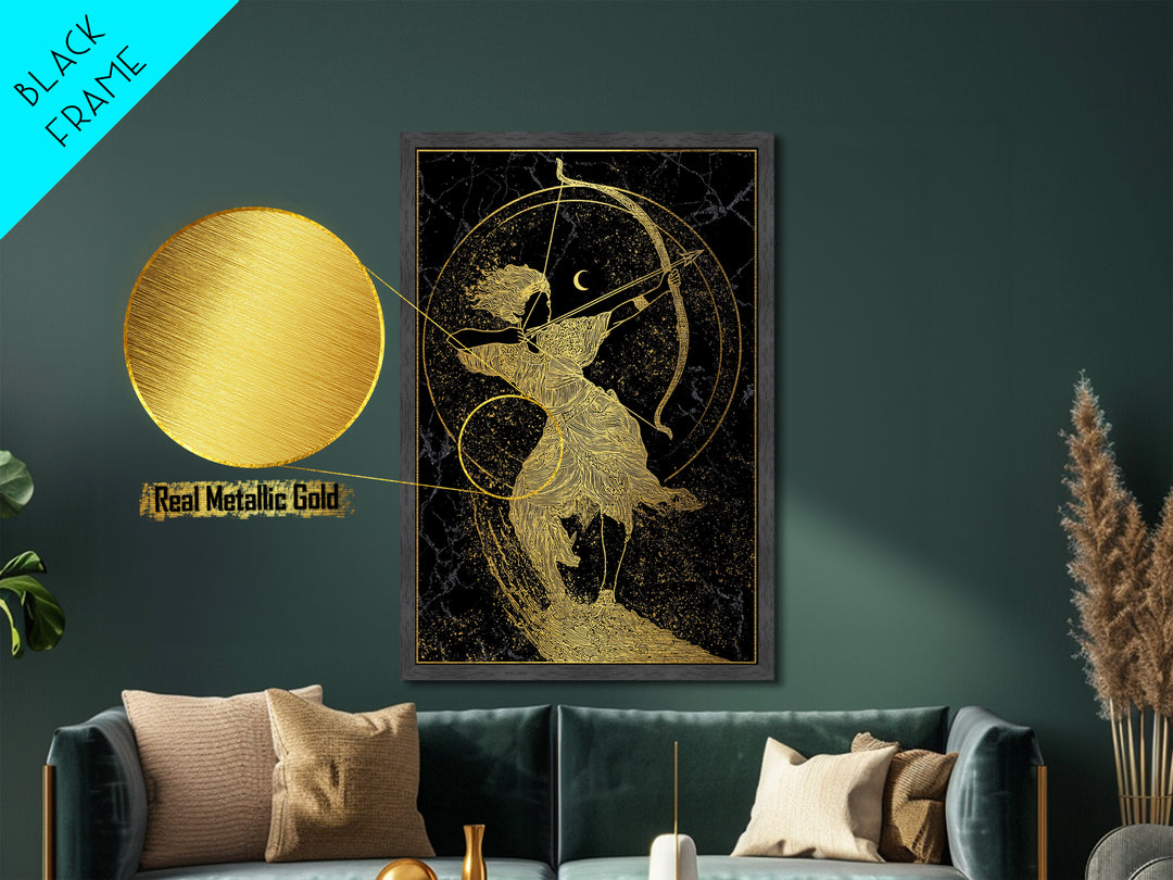 Divine Archer Artemis Illustration, Metallic Gold Metal Print, Real Wood Frame, Greek Goddess Wall Hanging, Myth Art Decor