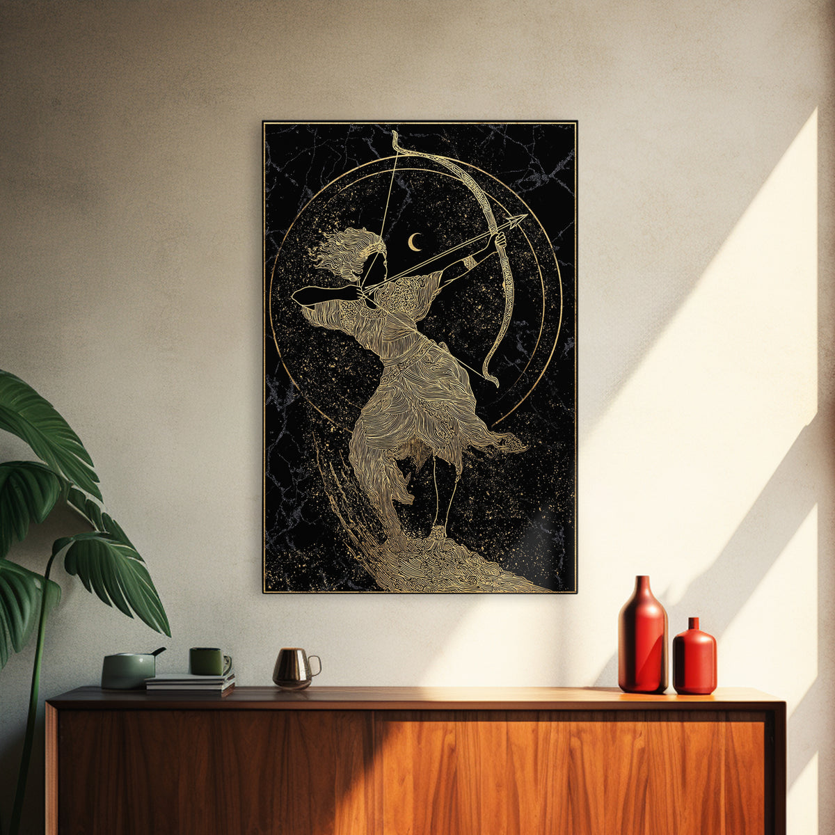 Divine Archer Artemis Illustration, Canvas Gold Canvas Print, Real Wood Frame, Greek Goddess Wall Hanging, Myth Art Decor