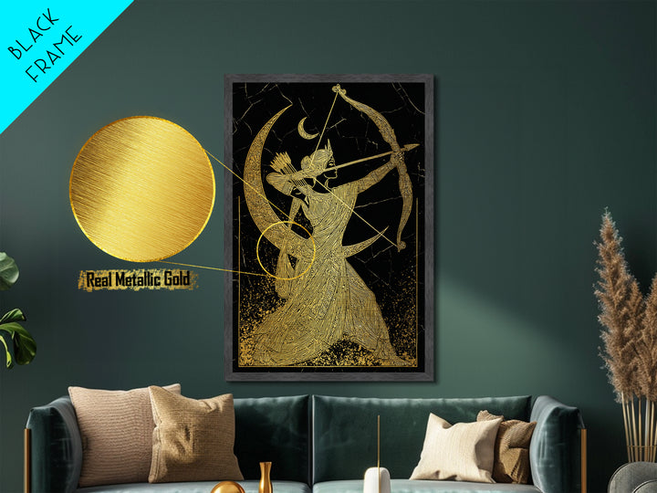 Artemis Lunar Goddess Archery Scene, Metallic Gold Art Print, Real Wood Frame, Mythology Wall Art, Elegant Greek Decor