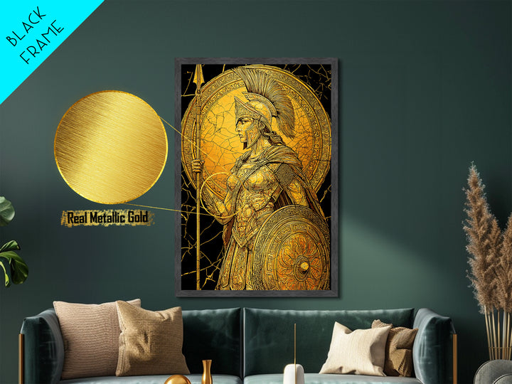 Athena Warrior Goddess With Spear And Shield, Metallic Gold Metal Print, Real Wood Frame, Greek Myth Wall Art, Strength Decor