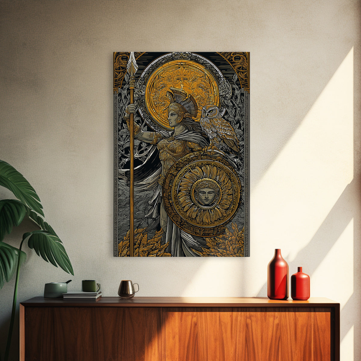 Athena With Owl Wisdom Goddess Art, Canvas Gold Art Print, Real Wood Frame, Greek Mythology Wall Hanging, Protection Decor