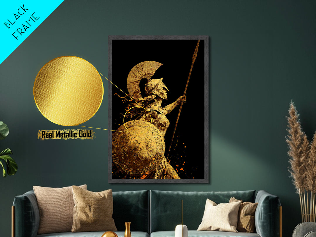 Athena Warrior Goddess With Spear And Shield, Metallic Gold Metal Print, Real Wood Frame, Greek Mythology Wall Art