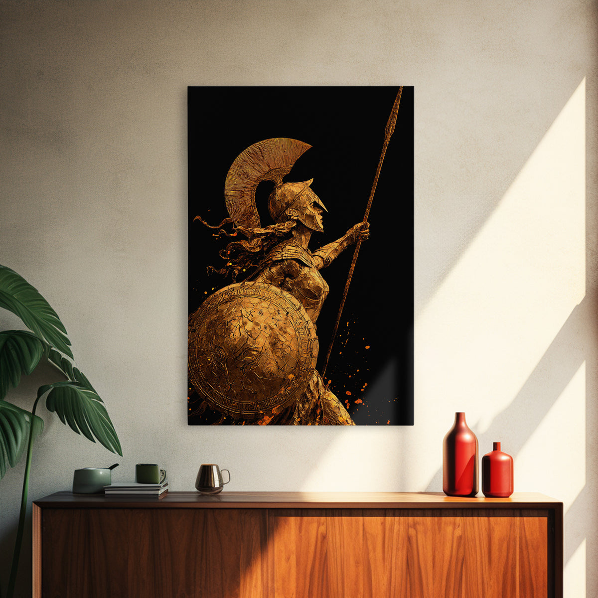 Athena Warrior Goddess With Spear And Shield, Canvas Gold Canvas Print, Real Wood Frame, Greek Mythology Wall Art