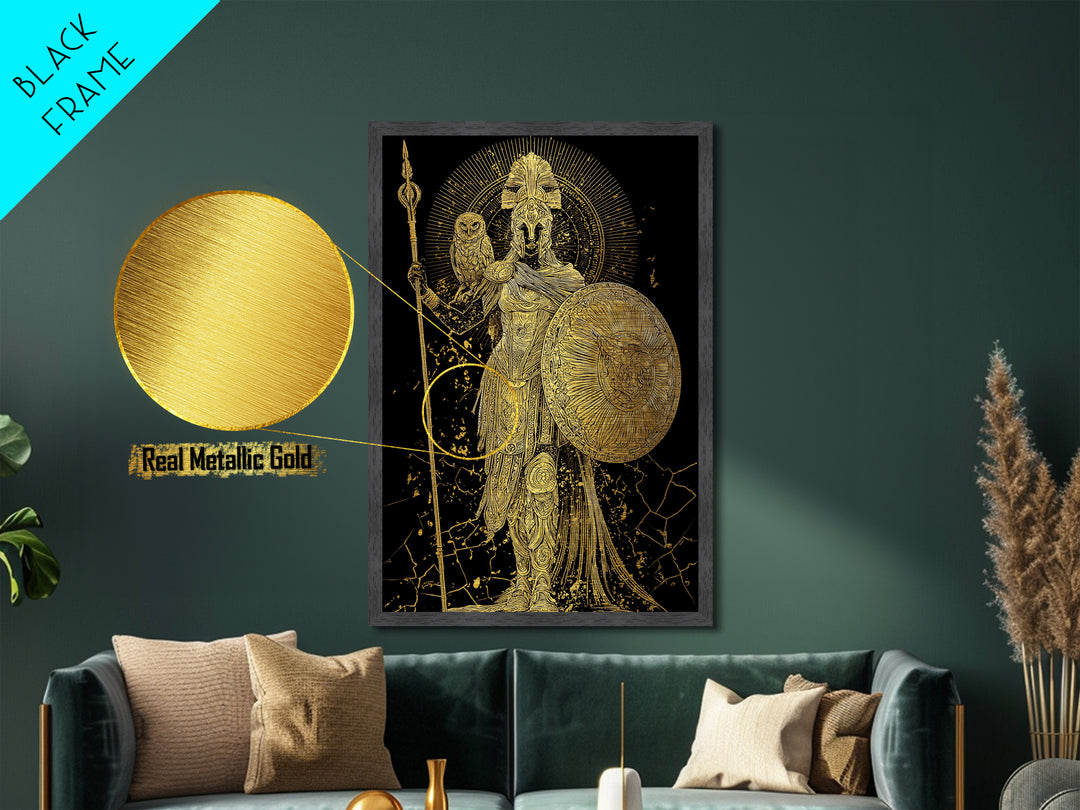 Athena With Owl And Shield Of Wisdom, Metallic Gold Art Print, Real Wood Frame, Ancient Greek Mythology Warrior Decor