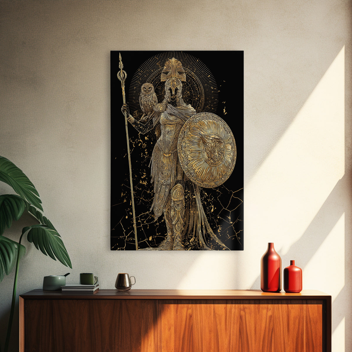 Athena With Owl And Shield Of Wisdom, Canvas Gold Art Print, Real Wood Frame, Ancient Greek Mythology Warrior Decor