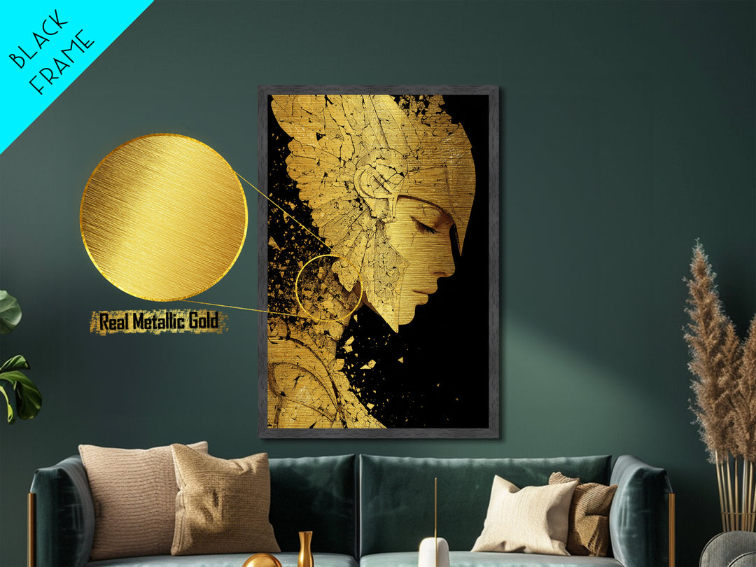 Athena Close Up Portrait In Armor, Metallic Gold Metal Print, Real Wood Frame, Greek Goddess Warrior Mythology Wall Art