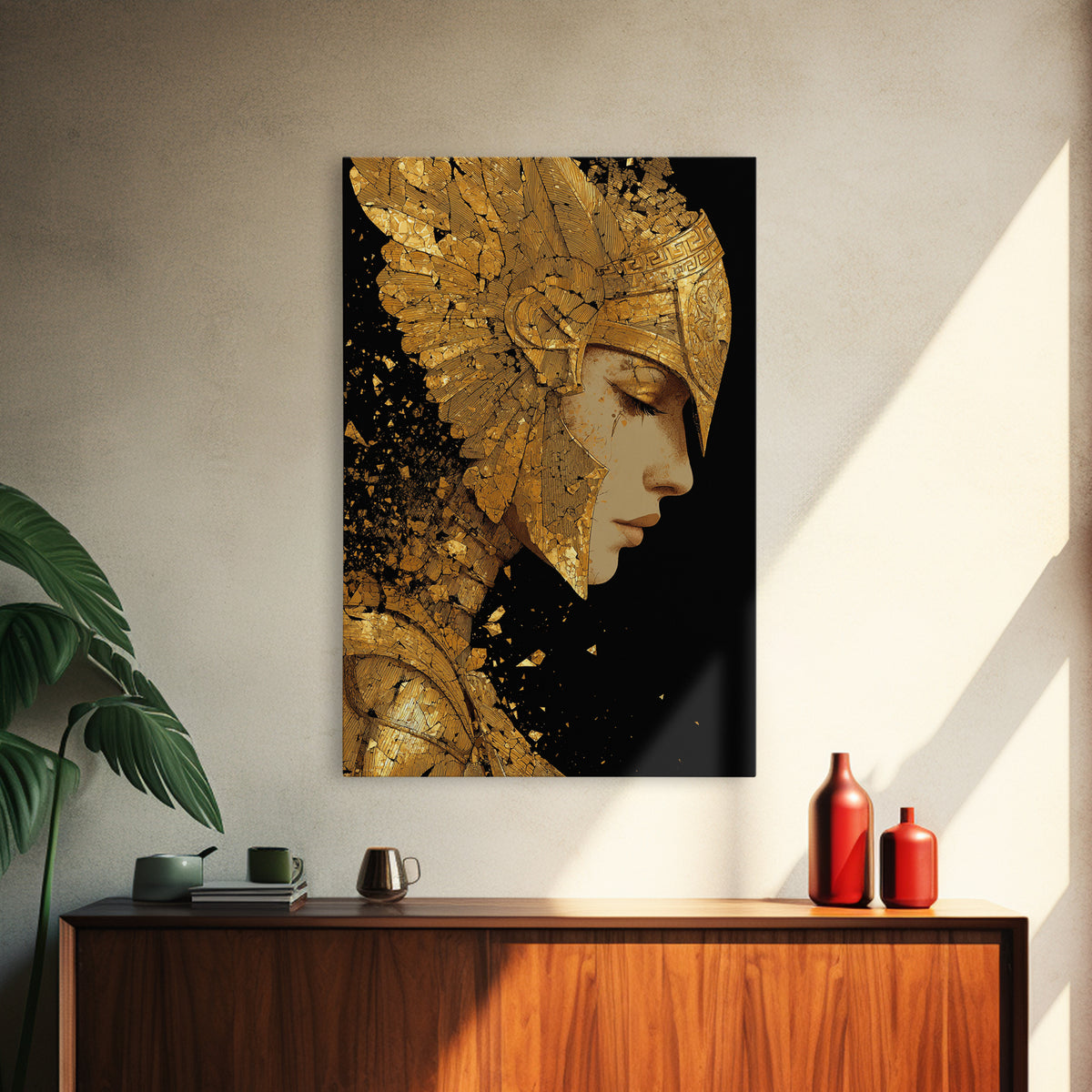 Athena Close Up Portrait In Armor, Canvas Gold Canvas Print, Real Wood Frame, Greek Goddess Warrior Mythology Wall Art