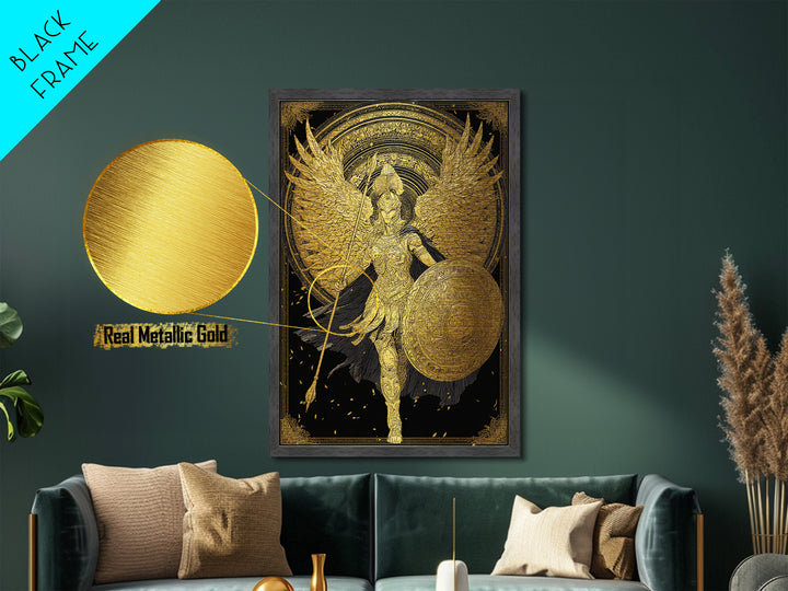 Athena Winged Warrior Goddess With Shield, Metallic Gold Art Print, Real Wood Frame, Greek Mythology Goddess Wall Decor