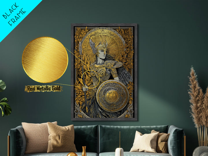 Athena Goddess Of Wisdom With Spear, Metallic Gold Metal Print, Real Wood Frame, Greek Mythology Warrior Goddess Art