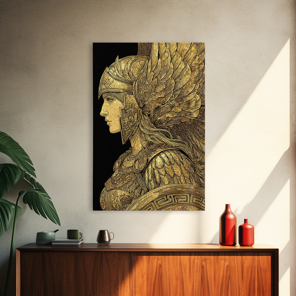 Athena Warrior Goddess Profile With Wings, Canvas Gold Art Print, Real Wood Frame, Greek Mythology Goddess Wall Art