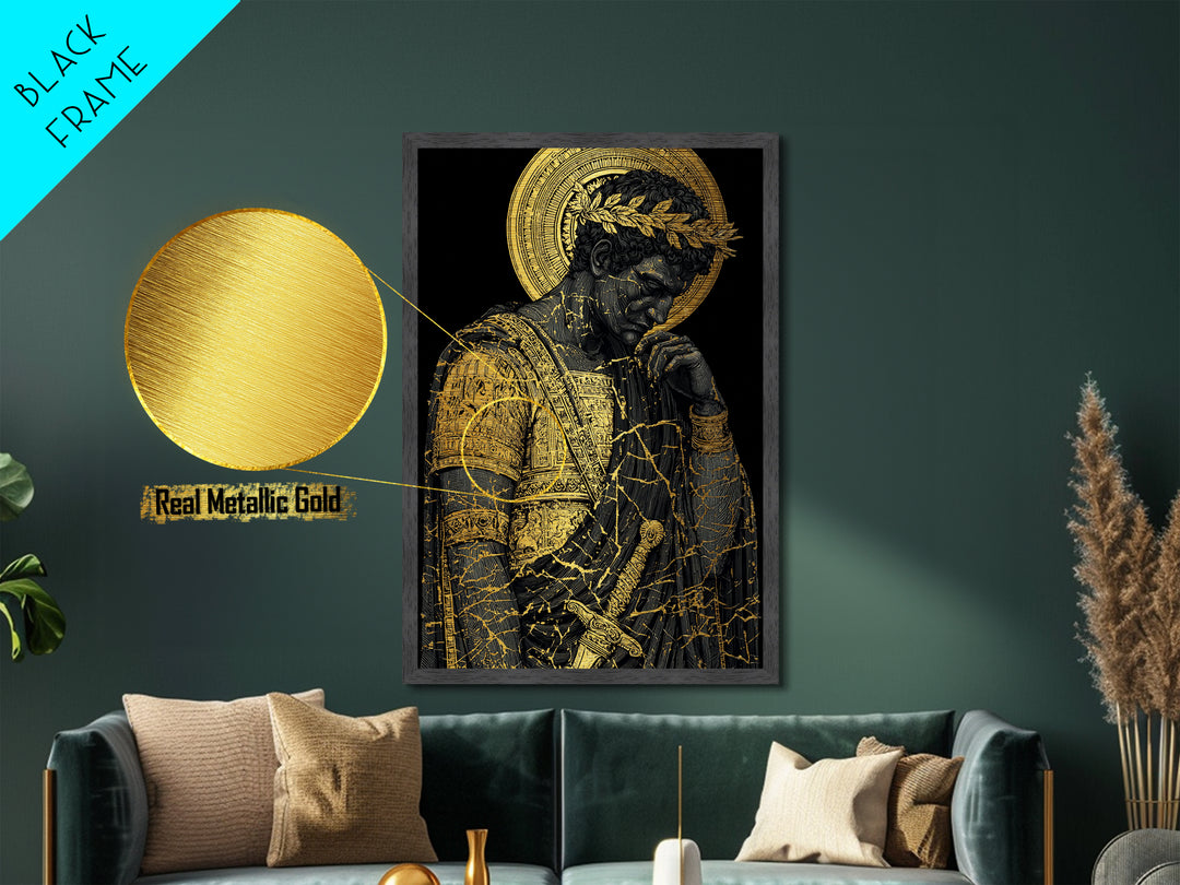 Brutus Roman Leader With Laurel Wreath, Metallic Gold Art Print, Real Wood Frame, Ancient Roman History Warrior Wall Art