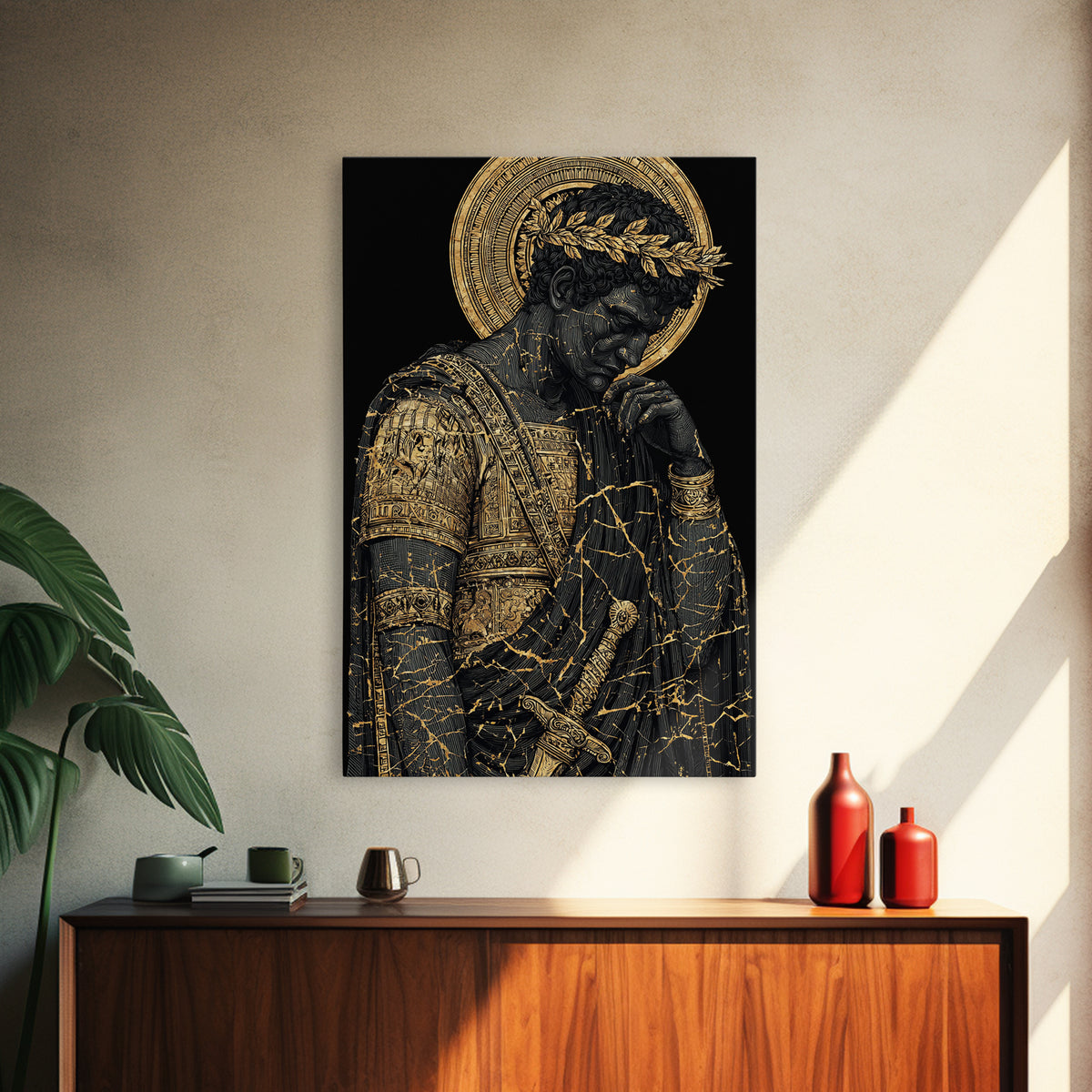 Brutus Roman Leader With Laurel Wreath, Canvas Gold Art Print, Real Wood Frame, Ancient Roman History Warrior Wall Art