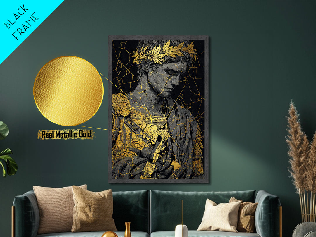 Roman Emperor Bust With Laurel Crown, Metallic Gold Metal Print, Classical Sculpture Wall Art, Real Wood Frame Home Decor