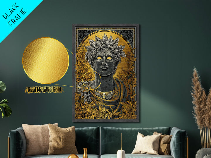 Apollo God Bust Surrounded By Laurel Leaves, Metallic Gold Art Print, Greek Mythology Wall Decor, Real Wood Frame Artwork