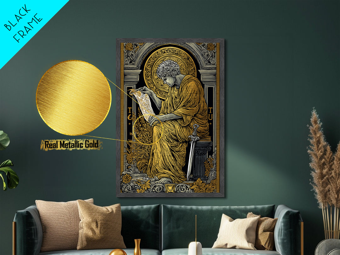Scholar Reading Ancient Scroll, Metallic Gold Art Print, Roman Inspired Decorative Wall Art, Mythology Style, Real Wood Frame