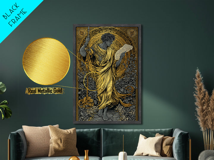 Philosopher Holding Spear And Scroll, Metallic Gold Metal Print, Classical Greek Wall Art, Mythology Inspired, Real Wood Frame