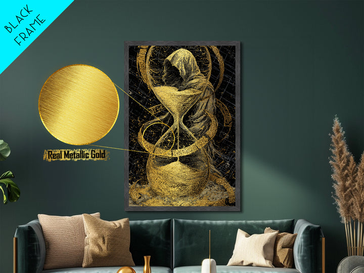 Hooded Figure In Hourglass Timepiece, Metallic Gold Art Print, Mythological Decorative Wall Art, Symbolic Design, Real Wood Frame