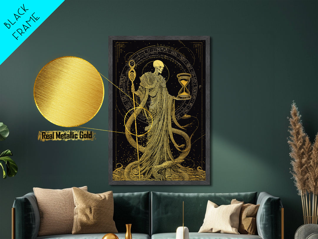Chronos Metallic Gold Metal Print, Mythological Skeleton Holding Hourglass, Esoteric Wall Art, Real Wood Framed Artwork